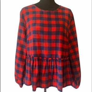 Red and blue flannel look peplum blouse size L